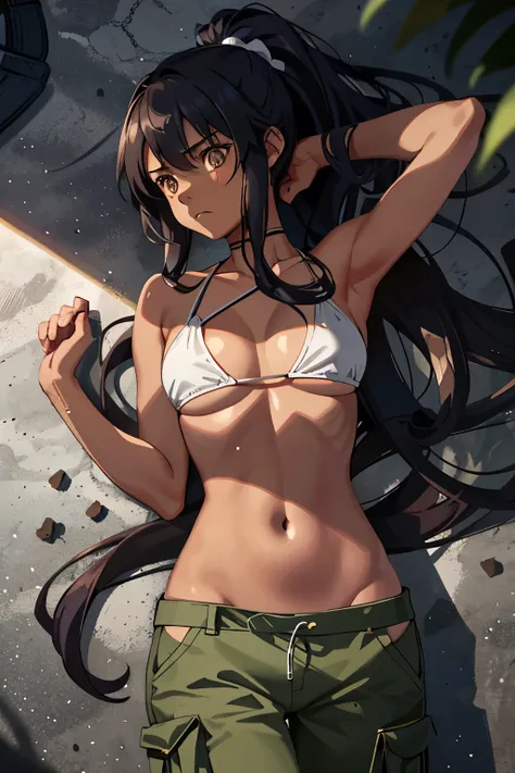 Tanned skinned anime girl, slender yet curved figure, long wavy hair tied up in a high ponytail, wearing a bikini top and cargo pants, extremely hungry and starving, her stomach distended and hands clutched in despair. Her expression is pained and worried,...