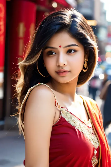 (((desi girl))), chubby face, natural skin, wearing hot deep neck top and red dupatta, charming black hair, ((hair ends are blonde)), city streets background, bokeh