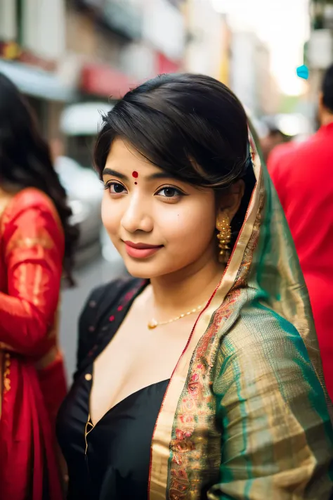 (((desi girl))), chubby face, natural skin, wearing hot deep neck top and red dupatta, charming black hair, ((hair ends are blonde)), city streets background, bokeh