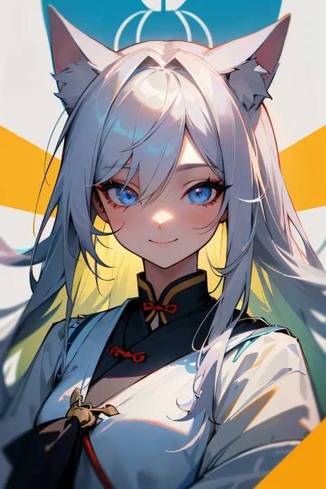 semi-long,silver hair,pretty girl.wizard,Cat ear,Right eye is yellow,Left eye is blue,gentle smile,icon,seems kind,odd eye,Chinese clothes,Eye-catching