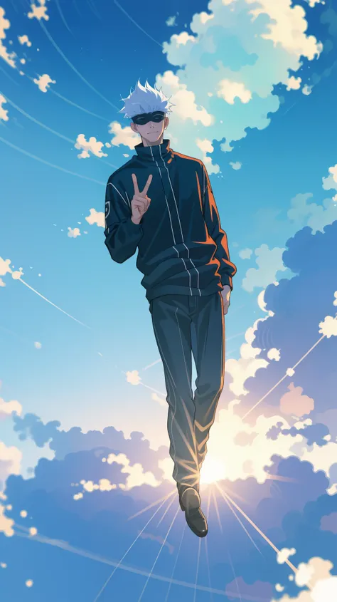 1boy, full body shot, perfect hand and fingers, satoru gojo, blindfold, black outfit, white hair, look at sky, smirk, red and bl...