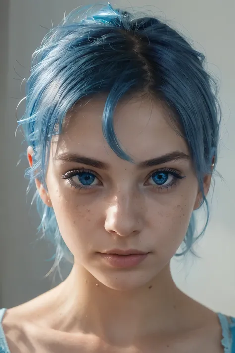 blue haired  girl, 20 year old woman, intenste realistic light blue eyes, looking straight into camera, light freckles, high contrast eyes, slim