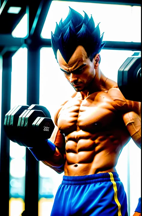 (high detailed skin:1.2), serious, looking at viewer, black spiked hair, black eyes, slim fit blue shirt, white gloves, RAW photo,  vegeta, 1boy, working out in the background of a gym with dumbbells, small details, photorealistic, ultra-realistic photo, 8...