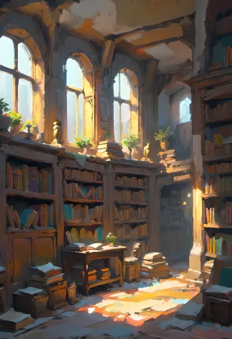 Cellar, Architecture,statues,shelves with books,window,destruction,Diffused morning light,2d art,handpaint,4k,fullhd,very high resolute.