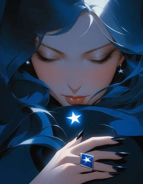 Close-up of pale hands with long black nails， Blue Star Ring, Kaneko, Half-closed eyes in the dark, Robert Ferrie (Roberto Ferri) Hajime Sorayama (Hajime Sorayama) style of