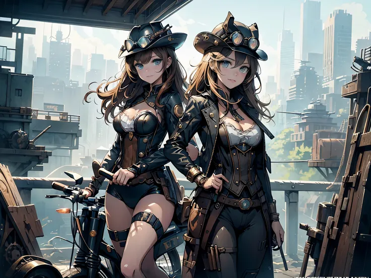 (comic book style),(line drawing_anime),(cowboy shot, highest quality, ),(Laura Budd Photos:1.2),(Laura Add Details:1.0),8K, flat color:0.8,dynamic angle,1 girl,smile、(Steampunk bike ride 1.5)、Exquisitely decorated motorcycle、(Highly decorative and complex...