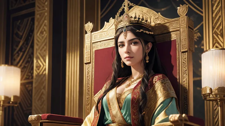 Render a lifelike portrait of Zenobia seated upon her throne in the opulent halls of Palmyra, adorned in intricately embroidered robes that reflect her status as both queen and warrior