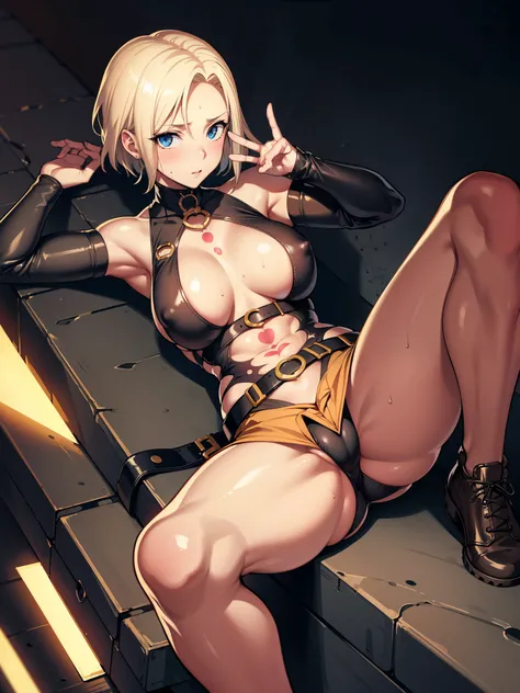 score_9, score_8_up, score_7_up,  rate_explicit,   concept art, realistic, daylight, 1 girl, short hair, blonde hair, high-top cut, (solo:1.1), sexy Vault girl from Fallout, black hearts, blush, shorts, seductive, jack-o challenge, jack-o pose, spread legs...