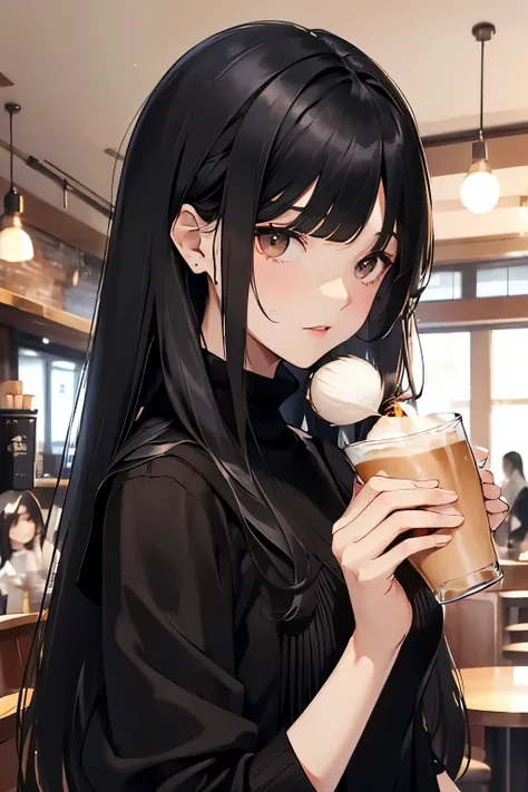 best quality, highres,Slender、brown eyes、tall、black hair、(long hair:1.3),straight hair、(Cafe:1.4)、(black knit:1.6)、(black clothes:1.6)、7 life size、(side fringe hair:1.6)
