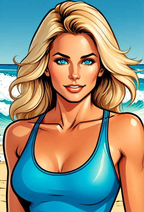 wave art style, 1girl,
flat colors,close-up, portrait,  of a 25 year old surfer looking girl, tan skin, ([blue eyes]) beach blon...