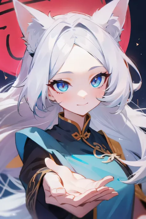 semi-long,silver hair,pretty girl.wizard,Cat ear,Right eye is yellow,Left eye is blue,gentle smile,icon,seems kind,odd eye,Chinese clothes,Eye-catching