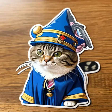 (highest quality,4k,8K,High resolution,masterpiece:1.2),Super detailed,(realistic,photorealistic,photo-realistic:1.37),A cute cartoon sticker of a cat dressed as a wizard,Wearing a wizard&#39;s hat and robe、Very well made cat, 