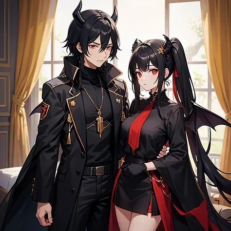 Female and male couple, black clothing, black hair, black horns, wearing black mask, golden red necklace, cute, white, turtle neck, the female revealing clothes, both sexy, the female is demon queen and the male is demon king