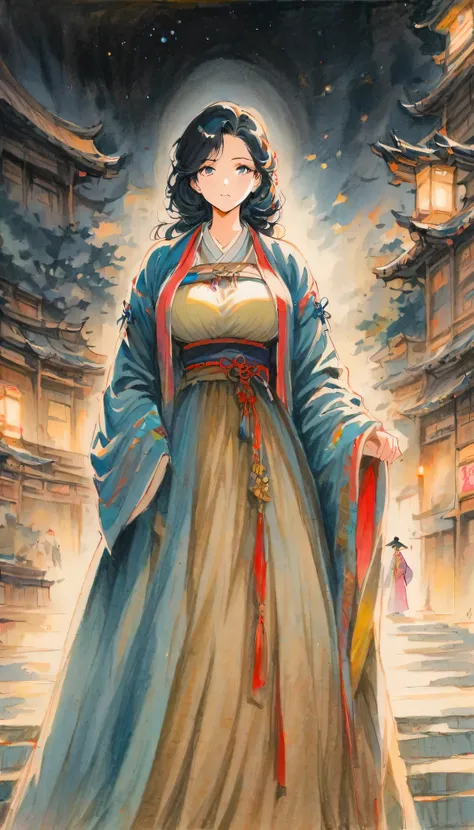 vintage movie, 1 girl,whole body,extremely detailed face, Beautiful and delicate eyes,There is light on the face,Large, regular breasts, movie lighting,looking at the audience,outdoor,black hair,(black chinese architecture:0.05),hanfu,traditional media, 