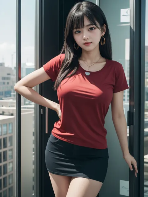 girl inside high rise office building, BREAK, 1girl, office interior, (tucked red t-shirt:1.2), high neckline, full breast, very very long straight black hair, black fit cutout skirt, thigh, feminine chic statement necklace earring, looking at viewer, dept...