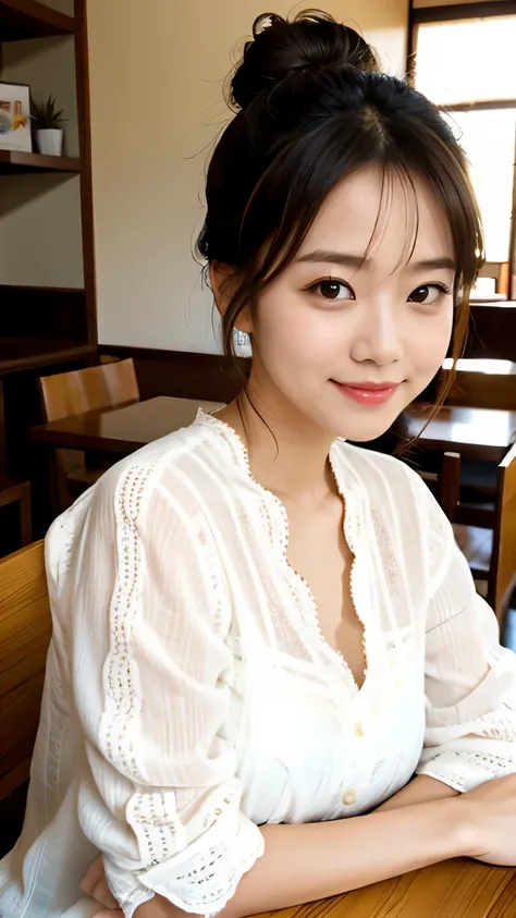 Best quality, 1 Japanese woman with bun hair, relaxed pose, wearing white lace blouse, at cafe, natural light, half smile