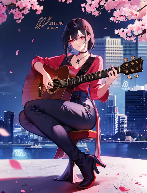 (Playing acoustic guitar)、night、Black hair with red Messi、a young girl，Dressed in sexy grunge jeans clothes，wear long boots，cherry blossoms、with necklace，cherry blossomsの下に座る，ultra high resolution