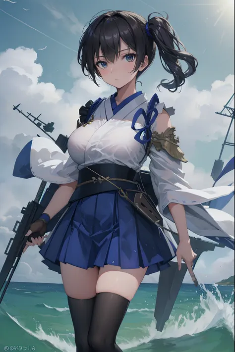 kaga(fleet collection),highest quality, masterpiece, high resolution,kimono,blue skirt,side ponytail,big_breasts,