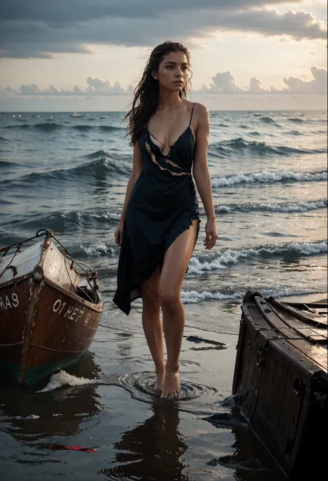 reference sheet: 1.8, great details, high quality, masterful work, a beautiful girl walks along the surface of the water at dusk, gloomy atmosphere, wet dress, gloomy background, River, stones, Dry trees, girl in a wet dress, Barefoot, bare legs, got lost,...