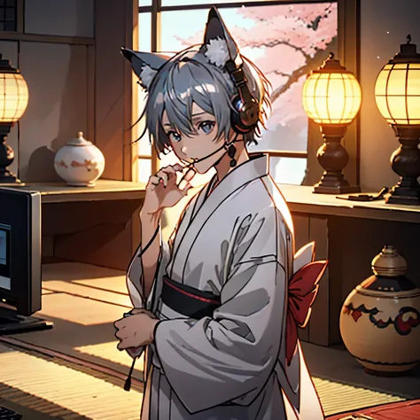 morning、Study in your room listening to the radio with headphones、boy、kimono、silver hair、fox tail、fox ears、warm lighting、Cherry blossoms are blooming outside the room、Japanese anime style、opening the computer