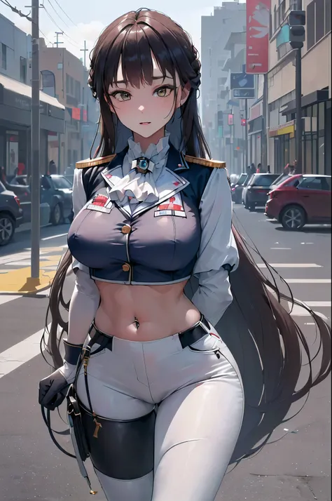 (best quality,absurd res:1.3),(illustration:1.1),perfect lighting,beautiful face,milf,1girl,(bokeh photography:1.1),(arms behind the back:1.2), marciana, jacket, epaulettes , crop top, midriff, navel, (white pants), white gloves, long hair , large breasts,...