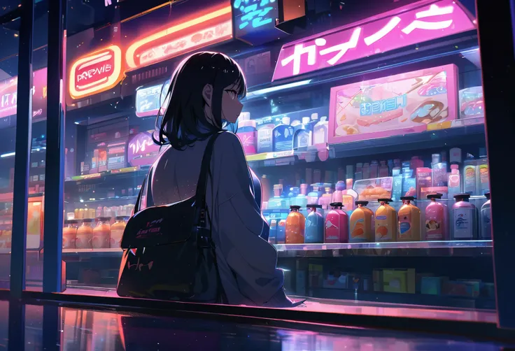 A girl in a midnight convenience store,illustrated,high-quality backgrounds,vivid colors,night-time lighting,detailed items,neon signs,shadows,reflection,bokeh,nighttime cityscape,quiet atmosphere,late-night cravings.