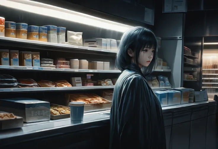 A girl in a midnight convenience store, with dimly lit shelves and a faint glow of the fluorescent lights. She is standing behind the counter, wearing a uniform, with tired eyes and a bored expression. The store is filled with various snacks, drinks, and d...