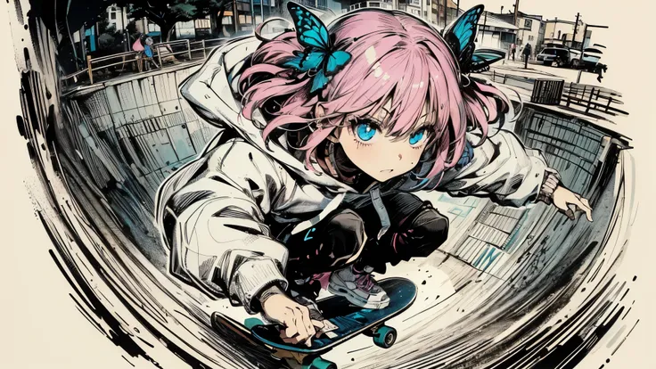 A hand-drawn style, rough and intense illustration of Pink-chan, a 20-year-old anime-style chibi character, skateboarding. The image should have an aggressive and raw appearance, with heavy, exaggerated lines and brush strokes to emphasize speed and action...