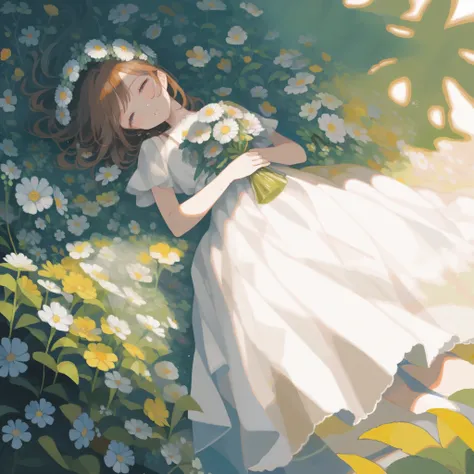 1girl，brown hair，clover wreath、have a bouquet、supine、woman wearing a dress、flower garden、tegaki, (oil painting:1.3), detailed、8K、ultra-detailed、cinematic shadows