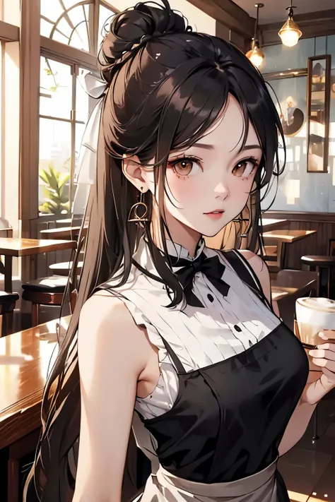 best quality, highres,Slender、brown eyes、tall、black hair、（forehead:1.3)、(semi-long:1.3),bun hair、(Cafe:1.4)、(black sleeveless:1.3)、earrings
