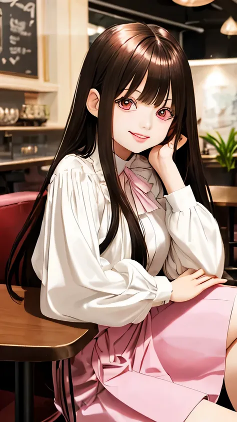 sitting on a chair in a stylish cafe　A young cute girl with shiny long hair and bangs　Smile and laugh　Upper body from the waist up　Idol type with big eyes　White long sleeve blouse and pink long skirt　Brown eyes　face forward　highest quality　High resolution