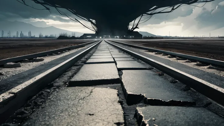 Dark ominous sky。The ground cracks widely。Broken earth。disaster。A large crack appears in the ground。