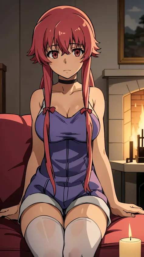 yuno gasai sits on the sofa in her living room, a soft smile gracing her lips as she looks around the dimly lit space. the black...