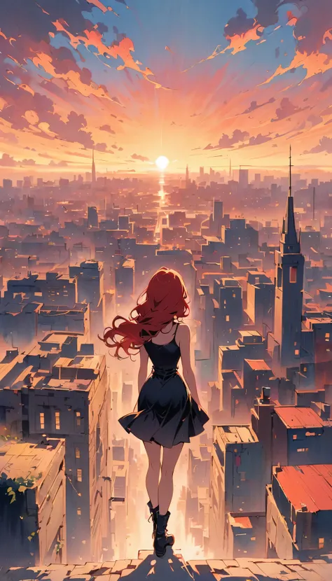 vintage movie, girl, wavy red hair, teen body, black top, black bodycon skirt, black boots, city View, architecture, Skyline, Sunset, Silhouette of clouds, traditional media, Contemplative.  