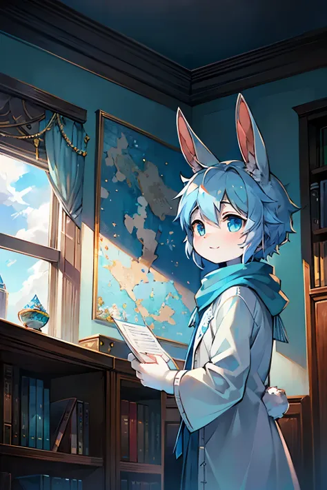 a white rabbit，Shota，blue robe，snow，clear blue sky，long bunny ears，Crystal pupil，Long blue scarf，Gorgeous background，gorgeous robe，look out the window，Sunlight，gift box，cool color，The map hangs on the wall，bookcase，Holding a letter in his hand，read a lette...