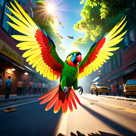 A photography full body shot of beutiful colour parrot. Spread wings. On the man shoulder. Capture the details of expensive brush strokes. dynamic composition, dramatic lighting to create a cinematic forest and blue sky atmosphere... National geographic qu...