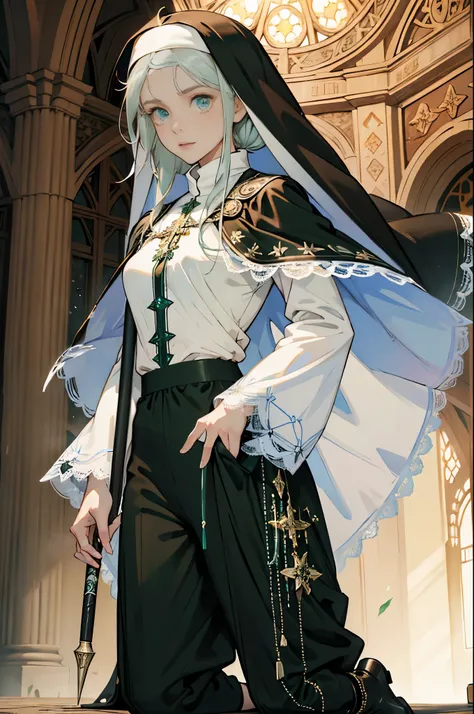 masterpiece, ultra detailed, 8k portrait, RAW photo, portrait photography, Highly detailed face, beautiful and meticulous eyes, ((Fantasy)), Young beautiful, (((Nun))), (((((standing))))), ((light blue long thin hair)), ahoge, forehead, Gentle face, White ...