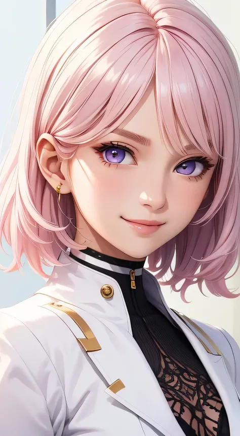 (masterpiece, best quality), intricate details, thin, ((slim)), beautiful girl, Light pink hair, white skin, light purple eyes, sharp jawline, cropped jacket, messy hair, upper body, close up, smirk