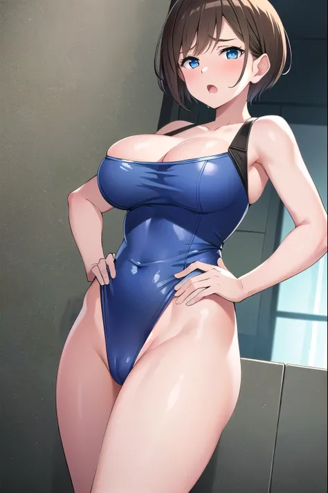 Jill, Jill・バレンタイン, 1 girl,blue eyes,short hair, brown hair, big breasts, looking at the viewer, brown hair, Fight,blue leotard,high leg cut,put your hands on your hips,embarrassing,crying face,tears,blush,wide open mouth,saliva,