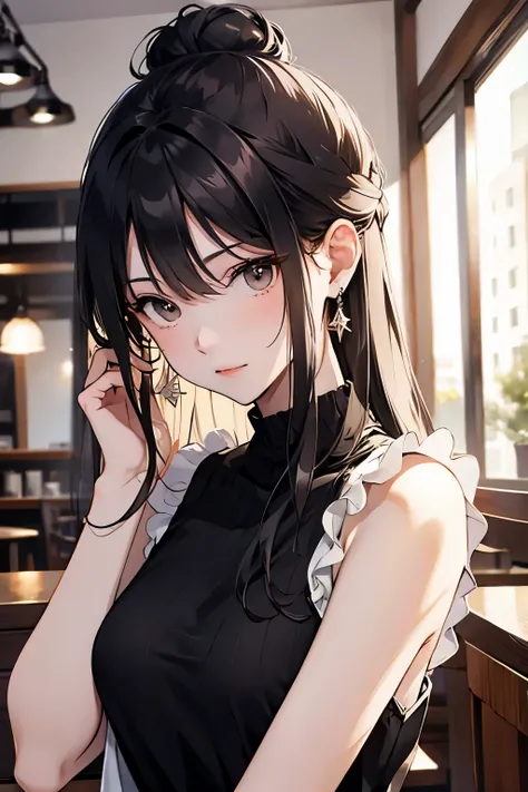 best quality, highres,Slender、brown eyes、tall、black hair、（forehead:1.3),bun hair、Cafe、(black sleeveless:1.3)、Silver earrings、shyness