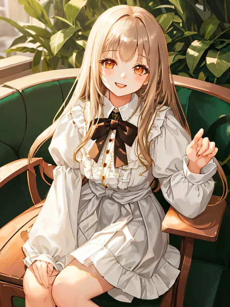 Young cute girl with long shiny hair　Bring bangs　Smile and laugh　Upper body from the waist up　Idol type　eyes are wide and big　White long-sleeved blouse and checked skirt　glossy lips　enchanting smile　sitting on a chair in a stylish cafe　Brown eyes　Top quali...