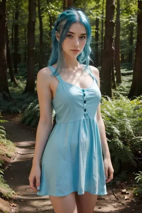 blue haired  girl, 20 year old woman, intenste realistic light blue eyes, light freckles, high contrast eyes, slim, in a forest wearing a green dress, dress completely green 