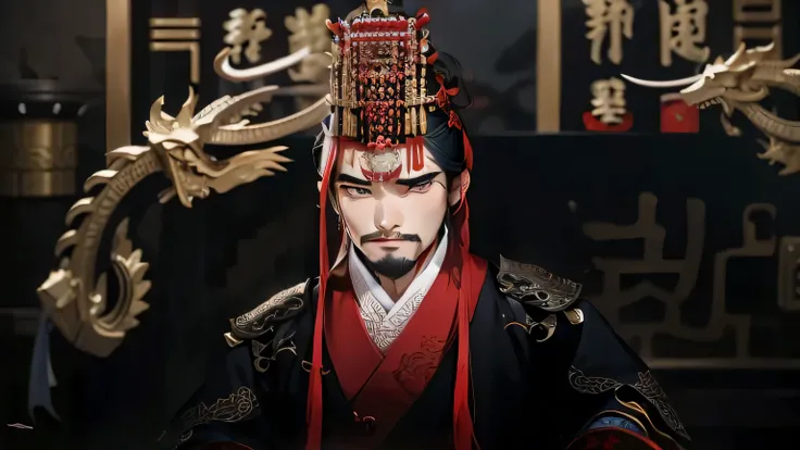 An expression of sudden enlightenment,Raise your right hand,Dressed in black and red clothing、Arafi man wearing a dragon head ornament, zhao yun, Inspired by Wu Bin, inspired by Wu Daozi, Inspired by Zhu Derun, inspired by Guan Daosheng, royal emperor, Ins...
