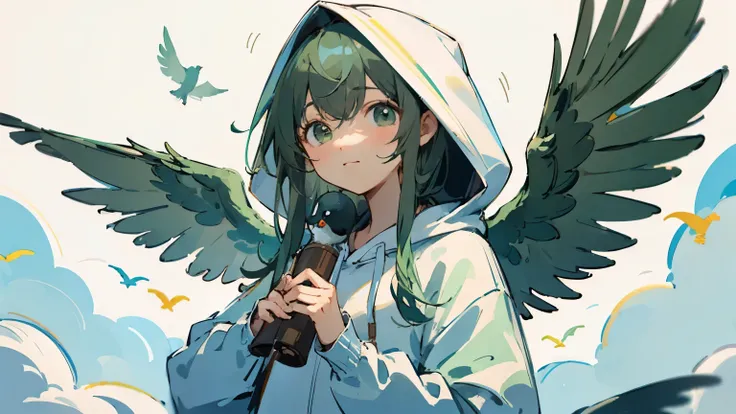 ((highest quality)), ((masterpiece)), (be familiar with), perfect face、Light green colored hair、pawny tail、I love birds、Holding a bird、Wearing a white hoodie。I don&#39;t wear a hoodie。