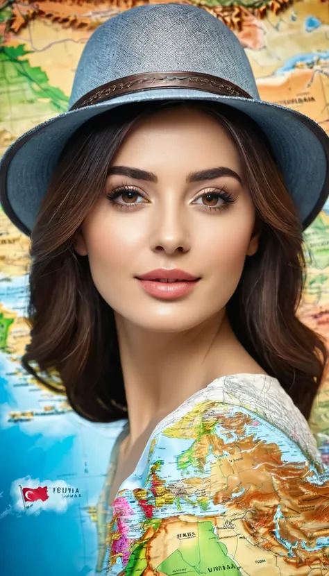 Imagem 3d Mulher , beautiful woman with hat in Türkiye on Turkey map 