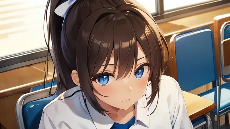 18 year old high school student、brown hair、ponytail、cute、Tsurime girl、sitting in the seat、wearing a uniform、upward glance、embarrassed expression、classroom、blushing、Sweat、surprised