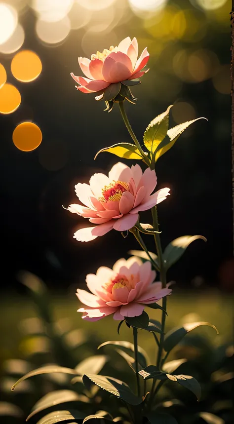 Divine beautiful microcosm , masterpiece , macro photography , net off, film grain, Color difference, Neon Bokeh , smokes , Very detailed, sunny weather, Micro Flower, drop, Vague, peony