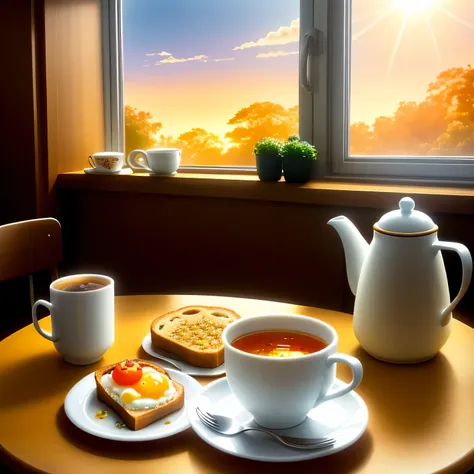 Eggs and toast、A hearty breakfast of tomatoes and smoky hot milk tea , pixar style , golden hour light,Warm colors