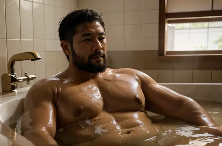 A 40-year-old Japanese former rugby player is taking a bath and jerking off　stocky chubby thick very short beard very short hair
