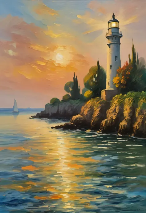Lighthouse seen from the sea,Lighthouse seen from the boat,Landscape painting,The boundary between day and night,Lighthouse Lights,sense of security,rendering,Monets painting style,masterpiece,oil,small details,intricate details
